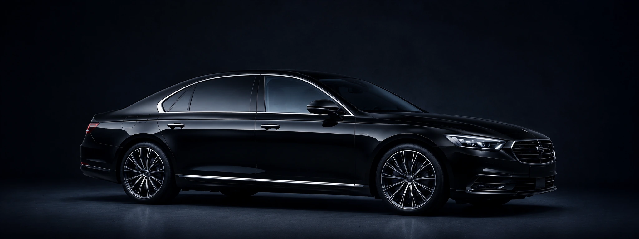Black executive sedan in a dark studio